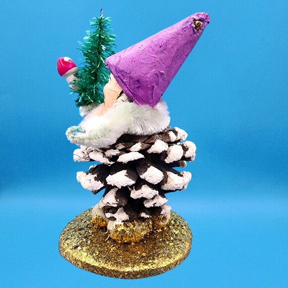 Vintage 1950s Pinecone Elf Gnome Ornament Purple Hat Bottlebrush Tree Mushroom - Picture 5 of 10